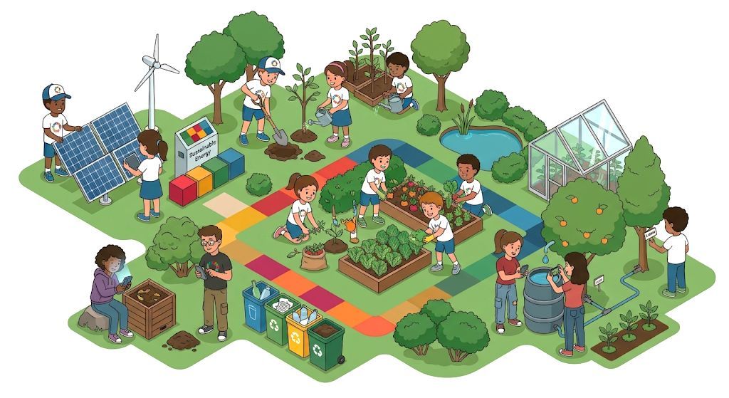 Young volunteers supporting renewable energy, gardening, recycling and water conservation